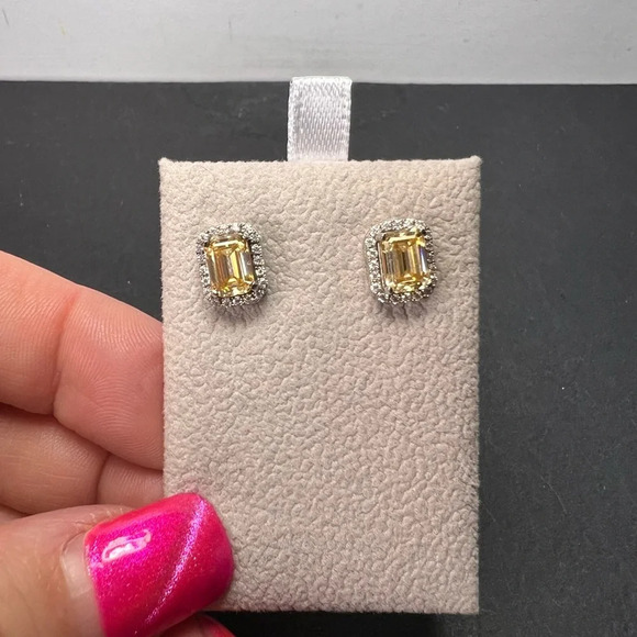 Yellow and white moissanite halo stud earrings in rhodium over sterling silver - Picture 3 of 12